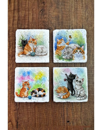 Doğal Taş Bardak Altlığı - Sevimli Kediler Baskılı Bardak Altlığı 10x10cm Ai Stone Coasters 581