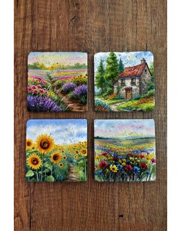 Doğal Taş Bardak Altlığı - Çiçek Bahçesi Baskılı Bardak Altlığı 10x10cm Ai Stone Coasters 577