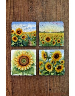 Doğal Taş Bardak Altlığı - Papatya Desenler Baskılı Bardak Altlığı 10x10cm Ai Stone Coasters 574