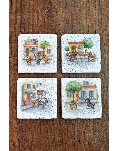 Doğal Taş Bardak Altlığı - Sevimli Köpekler Baskılı Bardak Altlığı 10x10cm Ai Stone Coasters 587
