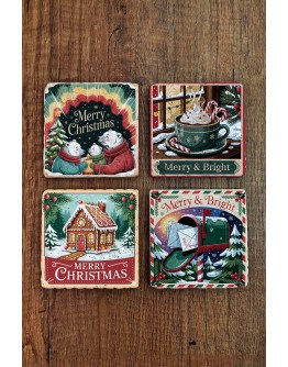Doğal Taş Bardak Altlığı - Vintage Christmast Baskılı 10x10cm Yeni Yıl Stone Coasters 509