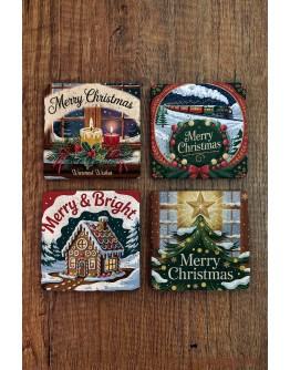 Doğal Taş Bardak Altlığı - Vintage Christmast Baskılı 10x10cm Yeni Yıl Stone Coasters 505