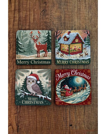 Doğal Taş Bardak Altlığı - Vintage Christmast Baskılı 10x10cm Yeni Yıl Stone Coasters 514