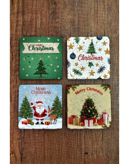 Doğal Taş Bardak Altlığı - Christmast Yeni Yıl Baskılı 10x10cm Ai Noel - Stone Coasters 524