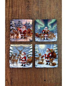 Doğal Taş Bardak Altlığı - Christmast Yeni Yıl Baskılı 10x10cm Ai Noel - Stone Coasters 527