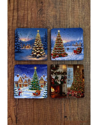 Doğal Taş Bardak Altlığı - Christmast Yeni Yıl Baskılı 10x10cm Ai Noel - Stone Coasters 534