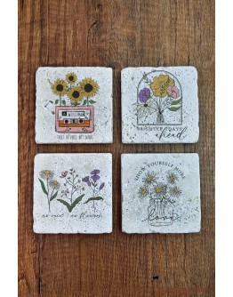 Doğal Taş Bardak Altlığı - Clipart Çiçek Baskılı 10x10cm Ai Flower Stone Coasters 562
