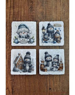 Doğal Taş Bardak Altlığı - Christmast Yeni Yıl Baskılı 10x10cm Ai Noel - Stone Coasters 553