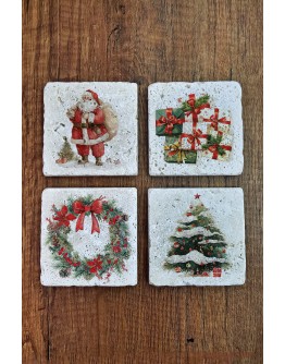 Doğal Taş Bardak Altlığı - Christmast Yeni Yıl Baskılı 10x10cm Ai Noel - Stone Coasters 541