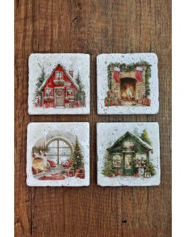 Doğal Taş Bardak Altlığı - Christmast Yeni Yıl Baskılı 10x10cm Ai Noel - Stone Coasters 540