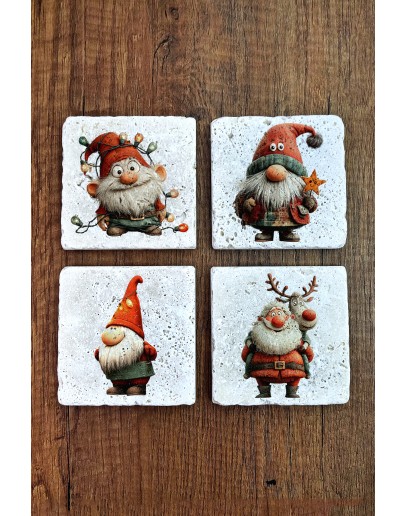Doğal Taş Bardak Altlığı - Christmast Clipart Baskılı 10x10cm Yeni Yıl Stone Coasters 500
