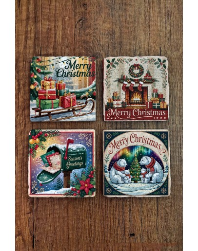 Doğal Taş Bardak Altlığı - Vintage Christmast Baskılı 10x10cm Yeni Yıl Stone Coasters 507