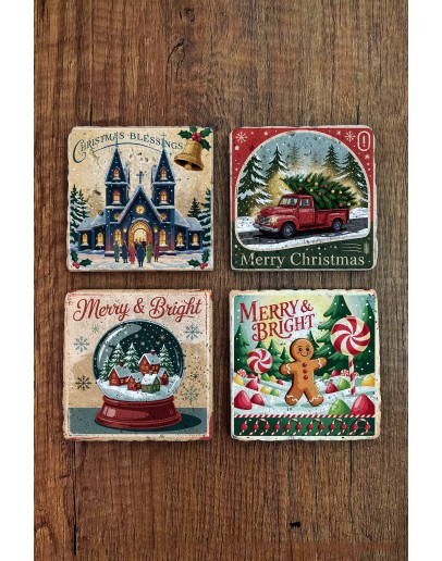 Doğal Taş Bardak Altlığı - Vintage Christmast Baskılı 10x10cm Yeni Yıl Stone Coasters 510