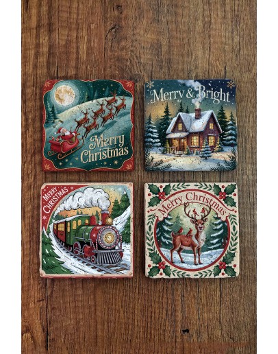 Doğal Taş Bardak Altlığı - Vintage Christmast Baskılı 10x10cm Yeni Yıl Stone Coasters 515
