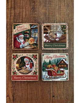 Doğal Taş Bardak Altlığı - Vintage Christmast Baskılı 10x10cm Yeni Yıl Stone Coasters 512