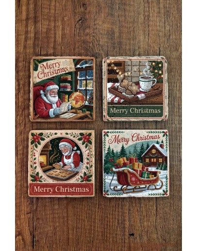 Doğal Taş Bardak Altlığı - Vintage Christmast Baskılı 10x10cm Yeni Yıl Stone Coasters 512