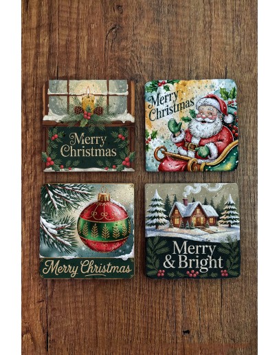 Doğal Taş Bardak Altlığı - Vintage Christmast Baskılı 10x10cm Yeni Yıl Stone Coasters 518