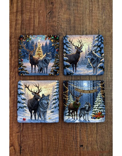 Doğal Taş Bardak Altlığı - Christmast Yeni Yıl Baskılı 10x10cm Ai Noel - Stone Coasters 523