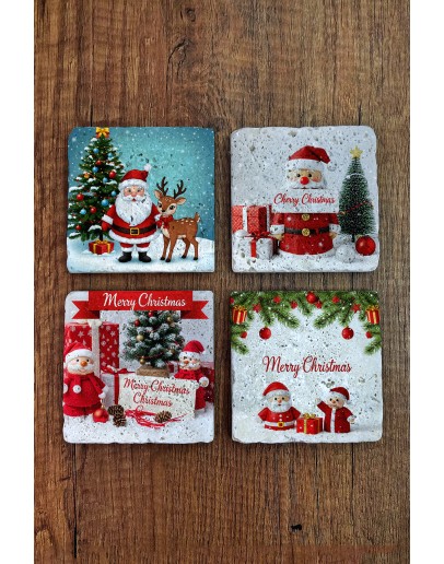 Doğal Taş Bardak Altlığı - Christmast Yeni Yıl Baskılı 10x10cm Ai Noel - Stone Coasters 521