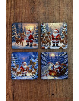 Doğal Taş Bardak Altlığı - Christmast Yeni Yıl Baskılı 10x10cm Ai Noel - Stone Coasters 529