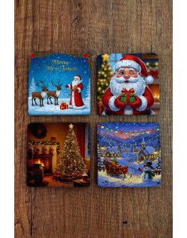Doğal Taş Bardak Altlığı - Christmast Yeni Yıl Baskılı 10x10cm Ai Noel - Stone Coasters 532