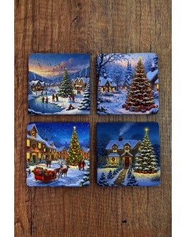 Doğal Taş Bardak Altlığı - Christmast Yeni Yıl Baskılı 10x10cm Ai Noel - Stone Coasters 526