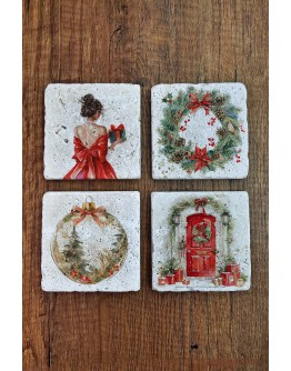 Doğal Taş Bardak Altlığı - Christmast Yeni Yıl Baskılı 10x10cm Ai Noel - Stone Coasters 561