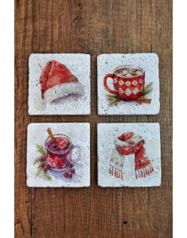 Doğal Taş Bardak Altlığı - Christmast Yeni Yıl Baskılı 10x10cm Ai Noel - Stone Coasters 543