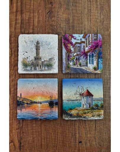 Doğal Taş Bardak Altlığı - İzmir Görselleri Baskılı Bardak Altlığı 10x10cm Ai Stone Coasters 565