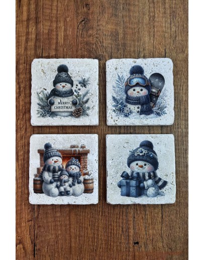 Doğal Taş Bardak Altlığı - Christmast Yeni Yıl Baskılı 10x10cm Ai Noel - Stone Coasters 546