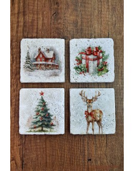 Doğal Taş Bardak Altlığı - Christmast Yeni Yıl Baskılı 10x10cm Ai Noel - Stone Coasters 557