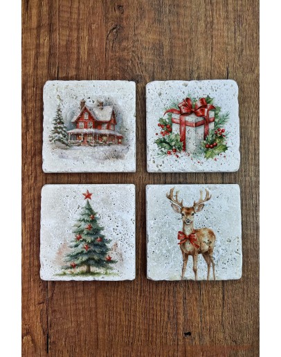 Doğal Taş Bardak Altlığı - Christmast Yeni Yıl Baskılı 10x10cm Ai Noel - Stone Coasters 557