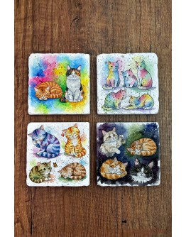 Doğal Taş Bardak Altlığı - Sevimli Kediler Baskılı Bardak Altlığı 10x10cm Ai Stone Coasters 582