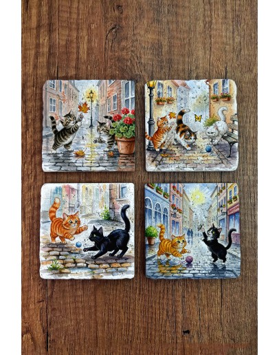 Doğal Taş Bardak Altlığı - Sevimli Kediler Baskılı Bardak Altlığı 10x10cm Ai Stone Coasters 580