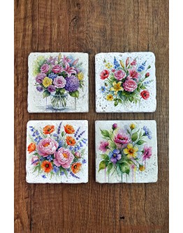 Doğal Taş Bardak Altlığı - Çiçek Baskılı Bardak Altlığı 10x10cm Ai Stone Coasters 575
