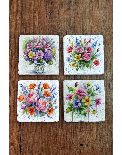 Doğal Taş Bardak Altlığı - Çiçek Baskılı Bardak Altlığı 10x10cm Ai Stone Coasters 575