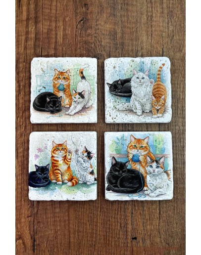 Doğal Taş Bardak Altlığı - Sevimli Kediler Baskılı Bardak Altlığı 10x10cm Ai Stone Coasters 583