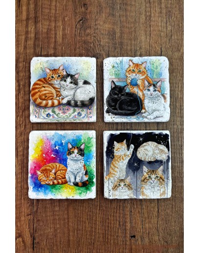 Doğal Taş Bardak Altlığı - Sevimli Kediler Baskılı Bardak Altlığı 10x10cm Ai Stone Coasters 589