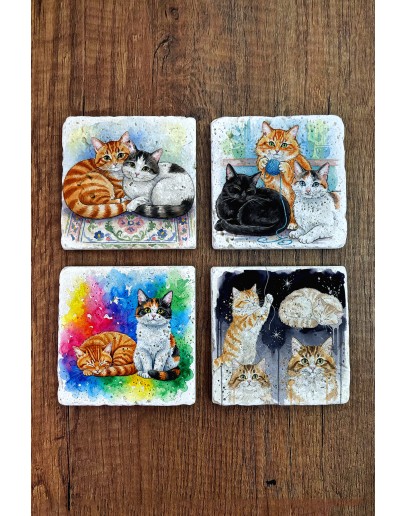Doğal Taş Bardak Altlığı - Sevimli Kediler Baskılı Bardak Altlığı 10x10cm Ai Stone Coasters 590