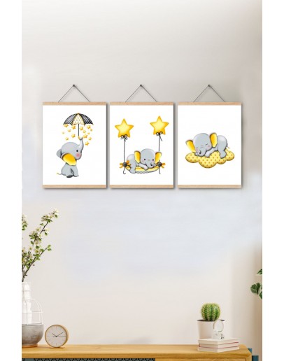 Çocuk Odası, Bebek Odası Deri Tablo Sevimli Filler Baskılı - 3'lü Set Duvar Dekoru 20x28cm