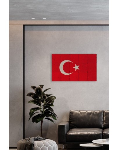 Doğal Taş Türk Bayrağı Tablo - Duvar Dekoru, Ofis Tablosu, Salon Tablosu 50x30cm Ay Yıldız Tablo