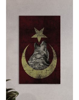 Doğal Taş Tablo Türk Bayrağı Ve Bozkurt - Duvar Dekoru, Salon Tanlosu 30x50cm