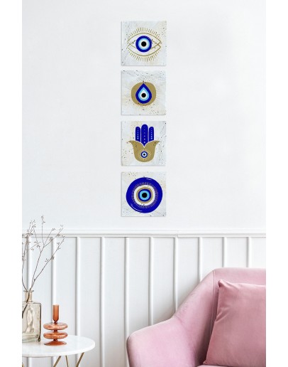 Doğal Taş 4'lü Tablo Nazar Boncukları Duvar Dekoru Çift Taraflı Yapışkanlı 10x10cm Dörtlü Set