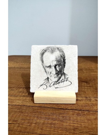 Masa Üstü Taş Tablo - Masa Tablosu 10x10cm - Atatürk Portesi Baskılı Tablo