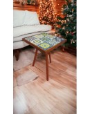 Traverten Taş Doğal Ağaç Sehpa 32x32cm Ceviz Dekoratif Bodrum Taş Sehpa