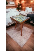 Traverten Taş Doğal Ağaç Sehpa 32x32cm Ceviz Dekoratif Bodrum Taş Sehpa