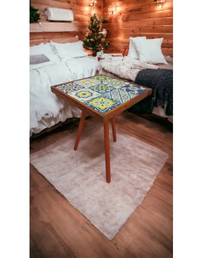 Traverten Taş Doğal Ağaç Sehpa 32x32cm Ceviz Dekoratif Bodrum Taş Sehpa