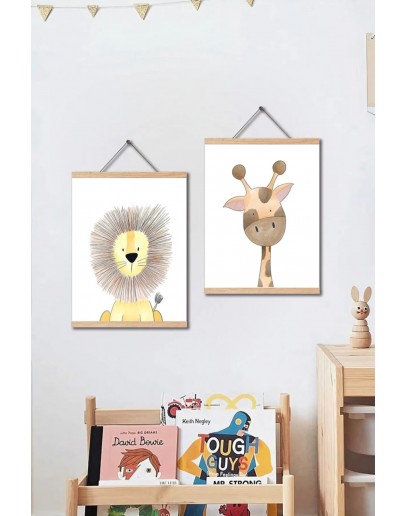 Çocuk, Bebek Odası Deri Tablo Aslan Ve Zürafa - 2'li Set Duvar Dekoru 20x28cm