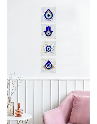 Doğal Taş 4'lü Tablo Nazar Boncukları Duvar Dekoru Çift Taraflı Yapışkanlı 10x10cm Dörtlü Set